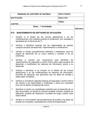 - Manual de Auditoría de Sistemas para la Evaluación de la TI

PROGRAMA DE AUDITORÍA DE SISTEMAS
INSTITUCIÓN:

-

21

FECHA INICIO:
FECHA FIN:
FIRMA:

AUDITOR:

Áreas / Actividades
Referencia

PT2:

MANTENIMIENTO DE SOFTWARE DE APLICACIÓN.

1.

Verificar si el diseño de las nuevas aplicaciones o de las
modificaciones a los módulos puestos en producción, son revisados y
aprobados por la Gerencia de TI.

2.

Verificar e Identificar quienes son los responsables de aprobar
cualquier proyecto de desarrollo, implementación o modificación.

3.

Verificar si existen procedimientos definidos o estándares, para las
etapas de desarrollo de un nuevo sistema o cambios a los ya
existentes.

4.

Verificar si cuentan con mecanismos para identificar los
requerimientos de seguridad y control interno para cada proyecto de
desarrollo o modificación de sistemas de información, previo a su
desarrollo.

5.

Verificar e identificar si se incluyen en el diseño de las nuevas
aplicaciones o en las modificaciones de sistemas de información,
controles de aplicación que garanticen que los datos de entrada y
salida estén completos.

6.

Verificar si consideran aspectos básicos de seguridad y control interno
del módulo a ser desarrollado o modificado, y estos son evaluados
junto con el diseño conceptual del mismo.

7.

Identificar si existe una metodología estándar para el desarrollo de un
plan de pruebas, en donde se incluyan pruebas unitarias, pruebas de
aplicación, pruebas de integración y pruebas de carga y estrés, para
cada módulo.

8.

Verificar si la formulación del procedimiento de prueba y los datos de
prueba son revisados y aprobados por el jefe de programación.
- MASTI -

 