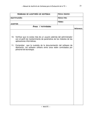 - Manual de Auditoría de Sistemas para la Evaluación de la TI

PROGRAMA DE AUDITORÍA DE SISTEMAS
INSTITUCIÓN:

-

24

FECHA INICIO:
FECHA FIN:
FIRMA:

AUDITOR:

Áreas / Actividades
Referencia

10. Verificar que no exista más de un usuario además del administrador
con el perfil de mantenimiento de parámetros de los módulos de las
aplicaciones informáticas.
11. Comprobar que la custodia de la documentación del software de
Aplicación, los software utilitario entre otros estén controlados por
personal de tecnología.

- MASTI -

 