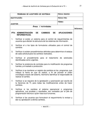 - Manual de Auditoría de Sistemas para la Evaluación de la TI

PROGRAMA DE AUDITORÍA DE SISTEMAS

-

25

FECHA INICIO:

INSTITUCIÓN:

FECHA FIN:
FIRMA:

AUDITOR:

Áreas / Actividades
Referencia

PT4: ADMINISTRACIÓN
INFORMÁTICAS.

DE

CAMBIOS

DE

APLICACIONES

1.

Verificar si existe un sistema para el control de requerimientos de
usuarios que afecten la estructura de los sistemas de información.

2.

Verificar el o los tipos de formularios utilizados para el control de
cambios

3.

Verificar si existen procedimientos definidos para determinar el estatus
de cada solicitud para los cambios realizados.

4.

Verificar el procedimiento
identificadas como urgentes.

5.

Verificar la existencia de controles para la modificación de programas
fuentes y el traslado a producción.

6.

Verificar si se mantiene un registro de cambios en los programas, que
indique la fecha en que se realizó, a fin de proveer el orden
cronológico exacto del sistema. Asimismo identificar el responsable de
realizar el cambio.

7.

Verificar si se requiere de la aprobación y autorización por escrito de
la Gerencia de TI, para todas las modificaciones antes de hacer
cambios.

8.

Verificar si los cambios al sistema operacional o programas
aplicativos, sus pruebas y resultados, son revisados por el jefe de
programación técnica o quien hace sus funciones.

9.

Verificar si los usuarios que formularon el requerimiento lo revisan y
dan su aprobación a dichos cambios.

para

el

tratamiento

- MASTI -

de

solicitudes

 