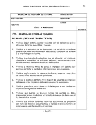 - Manual de Auditoría de Sistemas para la Evaluación de la TI

PROGRAMA DE AUDITORÍA DE SISTEMAS
INSTITUCIÓN:

-

30

FECHA INICIO:
FECHA FIN:
FIRMA:

AUDITOR:

Áreas / Actividades
Referencia

PT7:

CONTROL DE ENTRADAS Y SALIDAS

ENTRADAS (ORIGEN DE TRANSACCIONES)
1.

Verificar según sistema cuáles y cuántos son los aplicativos que se
alimentan de forma automática y manual.

2.

Verificar si la estructura de los formularios que se utilizan como base
para la captura de información son adecuados y completos de acuerdo
a lo requerido por el sistema.

3.

Verificar la existencia de aplicativos que se alimentan por medio de
dispositivos magnéticos de entidades externas, asimismo comprobar
los mecanismos de control de calidad de los datos.

4.

Verificar e identificar filtros de alertas o mensajes del sistema que
permitan controlar la calidad de información que será ingresada.

5.

Verificar según muestra de documentos fuente, aspectos como cifras
de control firma de autorización y similares.

6.

Verificar si existe un control a nivel de perfil de usuarios que ingresan
datos para evitar ingreso de datos por usuarios no autorizados.

7.

Verificar que existan restricciones controladas para el uso de diversos
dispositivos magnéticos de entrada.

8.

Verificar que cuando se diseñen formas, los campos de datos
importantes tengan predefinido un formato de ingreso de datos, con el
fin de minimizar errores.

9.

Verificar que existan controles sobre los documentos de propiedad
con números de series secuenciales y el ingreso de dichos números al
sistema para crear la relación entre ambos.
- MASTI -

 
