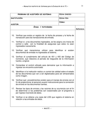 - Manual de Auditoría de Sistemas para la Evaluación de la TI

PROGRAMA DE AUDITORÍA DE SISTEMAS
INSTITUCIÓN:

-

31

FECHA INICIO:
FECHA FIN:
FIRMA:

AUDITOR:

Áreas / Actividades
Referencia

10. Verificar que exista un registro de la fecha de proceso y la fecha de
transacción para las transacciones de entrada.
11. Verificar si a los documentos ingresados, se les asigna una marca de
control o sello con la finalidad de asegurase que estos no sean
ingresados nuevamente.
12. Verificar qué mecanismos utilizan para identificar
documentos de entrada no ingresados al sistema.

si

existen

13. Verificar el cumplimiento del artículo de 451 y 455 del Código de
Comercio, que relaciona al período de resguardo de la información
fuente u original.
14. Comprobar el control utilizado para demostrar que la información a
ingresar se encuentra autorizada.
15. Identificar si la institución realiza un control de calidad sobre el estado
de los documentos que van a ser digitalizados para ser almacenados
como imagen.
16. Verificar qué procedimientos existen para el manejo de errores con el
fin de proporcionar al personal usuario instrucciones para la corrección
de errores en los documentos fuentes.
17. Revisar los tipos de errores y las razones de su ocurrencia con el fin
de determinar si los problemas son ocasionados por el programa o
por ingreso incorrecto de datos.
18. Verificar si se obtiene una copia del LOG que registra el sistema en
relación a las entradas de datos.

- MASTI -

 