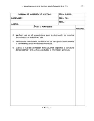 - Manual de Auditoría de Sistemas para la Evaluación de la TI

PROGRAMA DE AUDITORÍA DE SISTEMAS
INSTITUCIÓN:

-

33

FECHA INICIO:
FECHA FIN:
FIRMA:

AUDITOR:

Áreas / Actividades
Referencia

10. Verificar cuál es el procedimiento para la destrucción de reportes
sobrantes o que no estén en uso.
11. Verificar que mecanismos de control utilizan para producir únicamente
la cantidad requerida de reportes solicitados.
12. Evaluar el nivel de satisfacción de los usuarios respecto a la estructura
de los reportes y a la confidencialidad de la información generada.

- MASTI -

 