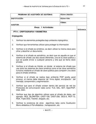 - Manual de Auditoría de Sistemas para la Evaluación de la TI

PROGRAMA DE AUDITORÍA DE SISTEMAS
INSTITUCIÓN:

-

42

FECHA INICIO:
FECHA FIN:
FIRMA:

AUDITOR:

Áreas / Actividades
Referencia

PT11: CRIPTOGRAFIA Y BIOMETRIA
Criptografía
1.

Verificar los elementos protegidos bajo ambiente criptográfico.

2.

Verificar que herramientas utilizan para proteger la información

3.

Verificar si el cifrado es simétrico, es decir utilizar la misma clave para
cifrar y descifrar un documento.

4.

Verificar si el cifrado es asimétrico, es decir que es aquella en que el
sistema de cifrado usa dos claves diferentes, una es la clave pública y
que se puede enviar a cualquier persona y otra que se llama clave
privada.

5.

Verificar si el cifrado es híbrido, en donde el sistema de cifrado que
usa tanto los sistemas de clave simétrica como el de clave asimétrica
funciona mediante el cifrado de clave pública para compartir una clave
para el cifrado simétrico.

6.

Verificar si el cifrado se realiza bajo ambiente PGP (pretty good
privacy), al menos debe disponer de: firma digital, encriptación del
mensaje, comprensión y segmentación.

7.

Verificar que para el cifrado existan dentro del servicio de red los
Protocolos de comunicación tales como: TLS, SSL, SET, OpenPGP,
DSS, SSH.

8.

Verificar que tipo de algoritmo utilizan para el cifrado de datos, por
ejemplo: AES, BLOWFISH, CAST-128. CAST-256, DES-X, ROT-13,
RSA, Triple DES, Twofish, skipjack, etc.

9.

Verificar la existencia de otros algoritmos tales como Sustitución
Mono alfabética ó Poli alfabética , transposición, etc.
- MASTI -

 