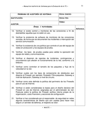 - Manual de Auditoría de Sistemas para la Evaluación de la TI

PROGRAMA DE AUDITORÍA DE SISTEMAS
INSTITUCIÓN:

-

51

FECHA INICIO:
FECHA FIN:
FIRMA:

AUDITOR:

Áreas / Actividades
Referencia

12. Verificar si existe control y monitoreo de las conexiones a fin de
deshabilitar aquellas que no estén en uso.
13. Verificar la existencia de software de monitoreo de las conexiones
remotas, de forma que se documenten los incidentes o interrupción del
servicio comunicación.
14. Verificar la existencia de una política que controle el uso del equipo de
redes en producción y los equipos de prueba.
15. Verificar los tipos de prueba usadas para validar la operación del
equipo de redes y comunicaciones.
16. Verificar si disponen de reportes de incidentes, contingencias y
circunstancia que afecten el funcionamiento de la red, conforme a la
bitácora.
17. Verificar como controlan el tamaño de los paquetes y flujo de la
velocidad en la red.
18. Verificar cuales son los tipos de componente de obstáculos que
dispone el Firewall, por ejemplo: Ruteador Filtra-paquetes, Gateway a
nivel de Aplicación, Gateway a nivel de circuito.
19. Verificar como esta definida la política del perímetro de los Firewalls
para el uso de Internet.
20. Verificar si están consideradas la bases para el diseño decisivo del
Firewall en uso de Internet, asignadas por el administrador de red:
Posturas sobre la política de Firewall, política interna propia de la
organización, costo financiero y secciones de configuración
21. Verificar si han considerado por el responsable de seguridad en redes
algunas características de diseño que son usadas para hacer mas
seguro un servidor de defensa, al respecto se citan:
- MASTI -

 