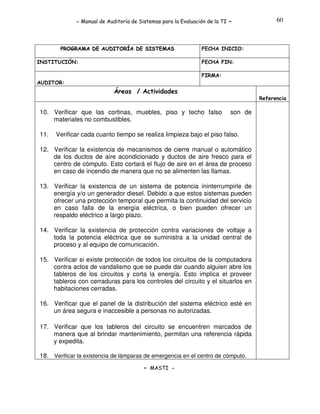 - Manual de Auditoría de Sistemas para la Evaluación de la TI

PROGRAMA DE AUDITORÍA DE SISTEMAS
INSTITUCIÓN:

-

60

FECHA INICIO:
FECHA FIN:
FIRMA:

AUDITOR:

Áreas / Actividades
Referencia

10. Verificar que las cortinas, muebles, piso y techo falso
materiales no combustibles.
11.

son de

Verificar cada cuanto tiempo se realiza limpieza bajo el piso falso.

12. Verificar la existencia de mecanismos de cierre manual o automático
de los ductos de aire acondicionado y ductos de aire fresco para el
centro de cómputo. Esto cortará el flujo de aire en el área de proceso
en caso de incendio de manera que no se alimenten las llamas.
13. Verificar la existencia de un sistema de potencia ininterrumpirle de
energía y/o un generador diesel. Debido a que estos sistemas pueden
ofrecer una protección temporal que permita la continuidad del servicio
en caso falla de la energía eléctrica, o bien pueden ofrecer un
respaldo eléctrico a largo plazo.
14. Verificar la existencia de protección contra variaciones de voltaje a
toda la potencia eléctrica que se suministra a la unidad central de
proceso y al equipo de comunicación.
15. Verificar si existe protección de todos los circuitos de la computadora
contra actos de vandalismo que se puede dar cuando alguien abre los
tableros de los circuitos y corta la energía. Esto implica el proveer
tableros con cerraduras para los controles del circuito y el situarlos en
habitaciones cerradas.
16. Verificar que el panel de la distribución del sistema eléctrico esté en
un área segura e inaccesible a personas no autorizadas.
17. Verificar que los tableros del circuito se encuentren marcados de
manera que al brindar mantenimiento, permitan una referencia rápida
y expedita.
18. Verificar la existencia de lámparas de emergencia en el centro de cómputo.
- MASTI -

 