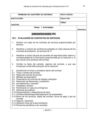 - Manual de Auditoría de Sistemas para la Evaluación de la TI

PROGRAMA DE AUDITORÍA DE SISTEMAS
INSTITUCIÓN:

-

62

FECHA INICIO:
FECHA FIN:
FIRMA:

AUDITOR:

Áreas / Actividades
Referencia

SUBCONTRATACIÓN (SC)
SC1: EVALUACIÓN DE CONTRATOS DE SERVICIOS
1.

Solicitar una copia de los contratos de servicios proporcionados por
terceros.

2.

Identificar y analizar las condiciones pactadas en cada cláusula de los
contratos de prestación de servicios de TI.

3.

Identificar si existe cláusula de acuerdos de seguridad sobre reserva y
confidencialidad de la información proporcionada por la institución y lo
que resulte como producto del contrato.

4.

Verificar la fecha del contrato, vigencia del contrato, y que sea
firmado por la Alta Administración de la institución.

5.
5.1
5.2
5.3
5.4
5.5
5.6
5.7
5.8
5.9
5.10
5.11
5.12

Condiciones mínimas a considerar dentro del contrato:
Título o nombre del contrato
Objeto del contrato de servicio
Medidas de desempeño
Presentación de informes de trabajos realizados
Resolución de diferencias y jurisdicción.
Incumplimiento y rescisión
Propiedad y Acceso
Planificación en caso de contingencia
Derechos de auditoría
Subcontratación o dependencia de otros
Confidencialidad/seguridad/separación de propiedades
Monto de los servicios, objeto del contrato, forma de pago y tipo de
moneda
5.13 Seguros / Garantías
5.14 Ubicación física de la documentación.
5.15 Revisiones periódicas a los acuerdos
- MASTI -

 