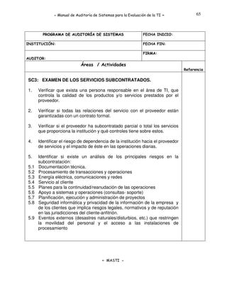 - Manual de Auditoría de Sistemas para la Evaluación de la TI

PROGRAMA DE AUDITORÍA DE SISTEMAS
INSTITUCIÓN:

-

65

FECHA INICIO:
FECHA FIN:
FIRMA:

AUDITOR:

Áreas / Actividades
Referencia

SC3: EXAMEN DE LOS SERVICIOS SUBCONTRATADOS.
1.

Verificar que exista una persona responsable en el área de TI, que
controla la calidad de los productos y/o servicios prestados por el
proveedor.

2.

Verificar si todas las relaciones del servicio con el proveedor están
garantizadas con un contrato formal.

3.

Verificar si el proveedor ha subcontratado parcial o total los servicios
que proporciona la institución y qué controles tiene sobre estos.

4.

Identificar el riesgo de dependencia de la institución hacia el proveedor
de servicios y el impacto de éste en las operaciones diarias.

5.

Identificar si existe un análisis de los principales riesgos en la
subcontratación:
Documentación técnica.
Procesamiento de transacciones y operaciones
Energía eléctrica, comunicaciones y redes
Servicio al cliente
Planes para la continuidad/reanudación de las operaciones
Apoyo a sistemas y operaciones (consultas- soporte)
Planificación, ejecución y administración de proyectos
Seguridad informática y privacidad de la información de la empresa y
de los clientes que implica riesgos legales, normativos y de reputación
en las jurisdicciones del cliente-anfitrión.
Eventos externos (desastres naturales/disturbios, etc.) que restringen
la movilidad del personal y el acceso a las instalaciones de
procesamiento

5.1
5.2
5.3
5.4
5.5
5.6
5.7
5.8
5.9

- MASTI -

 