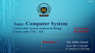 Md. Sabbir Ahmed
Id no. 002 15 206 004
8th semester of CSE Dept.
Topic: Computer System
Course title: System Analysis & Design.
Course code: CSE – 325
1
1 / 15
 