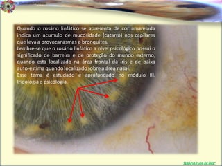 Dr. Clodoaldo Pacheco

                                                                                          .


 Quando o rosário linfático se apresenta de cor amarelada
 indica um acumulo de mucosidade (catarro) nos capilares
 que leva a provocar asmas e bronquites.
 Lembre-se que o rosário linfático a nível psicológico possui o
 significado de barreira e de proteção do mundo externo,
 quando esta localizado na área frontal da íris e de baixa
 auto-estima quando localizado sobre a área nasal.
 Esse tema é estudado e aprofundado no módulo III.
 Iridologia e psicologia.




                                                                  TERAPIA FLOR DE ÍRIS®
 
