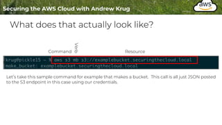 What does that actually look like?
Let’s take this sample command for example that makes a bucket. This call is all just JSON posted
to the S3 endpoint in this case using our credentials.
Command Resource
 