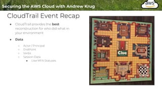 CloudTrail Event Recap
● CloudTrail provides the best
reconstruction for who did what in
your environment
● Data
○ Actor / Principal
○ EndPoint
○ Verbs
○ Session Data
■ Like MFA Statuses
 