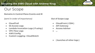Our Scope
Remains in Control Plane Events and IR
(semi in order of importance)
● CloudTrail
● S3 Access Logs
● Lambda Invocation Logs ( if using )
● VPC Flow Logs
● AWS Config
● Custom Logging : CloudWatch
Out of Scope Logs
● CloudFront ( CDN )
● API Gateway
● Access Advisor
● …
● ( bunches of other logs )
 