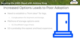 Increased Options Leads to Poor Adoption
● Need to establish a “front door” for logs.
○ A single pattern for shipment and storage.
● Plethora of storage options exist
○ S3, CloudWatch Logs, Kinesis
● S3 is probably the easiest and least expensive.
 