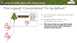 This is good! Consolidated “On by default”
● Any time we can create one way to log
this is good
● By default these end up in the
organization root account
● This means that any app that needs
CloudTrail access needs delegated
access to the org root
 