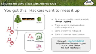 You got this! Hackers want to mess it up
● An attackers goal to cover tracks is to
Disrupt Logging
● There are some obvious and not
obvious ways to do it
● Some of them we mitigated
● Some of them we need to detect
Homework : http://bit.ly/3sDtKVh
Original Post on Disrupting Logging
~ 2016 Daniel Grzelak
Not much has changed
 