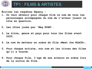 TP1 : FILMS & ARTISTES
Écrivez les requêtes XQuery :
1. On veut obtenir pour chaque film le nom de tous les
   personnages accompagnés du nom de l’acteur jouant le
   rôle en question.

2. Les rôles joués par ‘Meg RYAN’.

3. Le titre, genre et pays pour tous les films avant
   2000.

4. Le nom du metteur en scène du film «Meet Joe BLACK».

5. Pour chaque artiste, son nom et les titres des films
   qu’il a tourné.

6. Pour chaque film, l’age de ses acteurs en scène lors
   de la sortie du film.

                                                          3
 