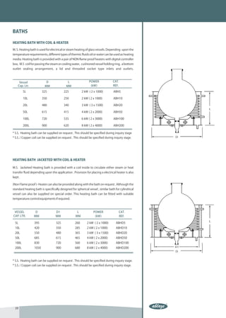 PIPELINE COMPONENTS
                                               VESSELS & STIRRERS

BATHS

HEATING BATH WITH COIL & HEATER

M. S. Heating bath is used for electrical or steam heating of glass vessels. Depending upon the
temperature requirements, different types of thermic fluids oil or water can be used as heating
media. Heating bath is provided with a pair of NON flame proof heaters with digital controller
box, M.S coil for passing the steam or cooling water, cushioned vessel holding ring, a bottom
outlet sealing arrangement, a lid and threaded socket type inlets and outlets.



     Vessel                D                L                POWER               CAT.
    Cap. Ltr.             MM               MM                 (kW)               REF.

         5L             325              225            2 kW ( 2 x 1000)         ABH5

         10L            350              250            2 kW ( 2 x 1000)         ABH10

         20L            480              340            3 kW ( 3 x 1500)         ABH20

         50L            615              415            4 kW ( 2 x 2000)         ABH50

         100L           720              535            6 kW ( 2 x 3000)         ABH100

         200L           900              620            8 kW ( 2 x 4000)         ABH200

* S.S. Heating bath can be supplied on request . This should be specified during inquiry stage
* S.S. / Copper coil can be supplied on request . This should be specified during inquiry stage.




HEATING BATH JACKETED WITH COIL & HEATER

M.S. Jacketed Heating bath is provided with a coil inside to circulate either steam or heat
transfer fluid depending upon the application . Provision for placing a electrical heater is also
kept .

(Non Flame proof )- Heater can also be provided along with the bath on request . Although the
standard heating bath is specifically designed for spherical vessel , similar bath for cylindrical
vessel can also be supplied on special order. This heating bath can be fitted with suitable
temperature control equipments if required.



 VESSEL           D               D1               L             POWER               CAT.
CAP. LTR.        MM               MM              MM              (kW)               REF.

  5L             395               325            260       2 kW ( 2 x 1000)       ABHD5
  10L            420               350            285       2 kW ( 2 x 1000)       ABHD10
  20L            550               480            365       3 kW ( 3 x 1500)       ABHD20
  50L            685               615            465       4 kW ( 2 x 2000)       ABHD50
  100L           830               720            560       6 kW ( 2 x 3000)       ABHD100
  200L           1050              900            680       8 kW ( 2 x 4000)       ABHD200



* S.S. Heating bath can be supplied on request . This should be specified during inquiry stage.
* S.S. / Copper coil can be supplied on request . This should be specified during inquiry stage.




  39
 
