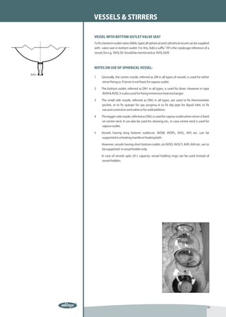 VESSELS & STIRRERS

VESSEL WITH BOTTOM OUTLET VALVE SEAT
To fit a bottom outlet valve (ABAL type) all spherical and cylindrical vessel can be supplied
with valve seat in bottom outlet. For this, Add a suffix "/B"o the catalouge reference of a
vessel, for e.g. 'AVSL50' should be mentioned as 'AVSL50/B'.




NOTES ON USE OF SPHERICAL VESSEL:

1    Generally, the centre nozzle, referred as DN in all types of vessels, is used for either
      stirrer fixing or, if stirrer is not fixed, for vapour outlet.

2    The bottom outlet, referred as DN1 in all types, is used for drain. However in type
      AVSR & AVSE, it is also used for fixing immersion heat exchanger.

3    The small side nozzle, referred as DN2 in all types, are used to fix thermometer
      pocket, or to fix sparqer for qas purginq or to fix dip pipe for liquid inlet, to fix
      vacuum control or vent valve or for solid addition.

4    The bigger side nozzle, referred as DN3, is used for vapour outlet when stirrer is fixed
      on centre neck. It can also be used for cleaning etc., in case centre neck is used for
      vapour outlet.

5    Vessels having long bottom outlet,viz. AVSM, AVSPL, AVSL, AVS etc. can be
      supported in a heating mantle or heating bath.

     However, vessels having short bottom outlet, viz AVSD, AVSCY, AVR, AVA etc. are to
      be supported in vessel holder only.

     In case of vessels upto 20 L capacity, vessel holding rings can be used instead of
      vessel holders.




                                                                                           30
 