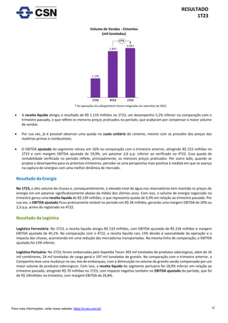 15
RESULTADO
1T23
Para mais informações, visite nosso website: https://ri.csn.com.br/
* As operações da LafargeHolcim foram integradas em setembro de 2022.
• A receita líquida atingiu o resultado de R$ 1.119 milhões no 1T23, um desempenho 5,2% inferior na comparação com o
trimestre passado, o que reflete os menores preços praticados no período, que acabaram por compensar o maior volume
de vendas.
• Por sua vez, já é possível observar uma queda no custo unitário do cimento, mesmo com as pressões dos preços das
matérias-primas e combustíveis.
• O EBITDA ajustado do segmento retraiu em 16% na comparação com o trimestre anterior, atingindo R$ 222 milhões no
1T23 e com margem EBITDA ajustada de 19,9%, um patamar 2,6 p.p. inferior ao verificado no 4T22. Essa queda de
rentabilidade verificada no período reflete, principalmente, os menores preços praticados. Por outro lado, quando se
projeta o desempenho para os próximos trimestres, percebe-se uma perspectiva mais positiva à medida em que se avança
na captura de sinergias com uma melhor dinâmica de mercado.
Resultado da Energia
No 1T23, o alto volume de chuvas e, consequentemente, o elevado nível de água nos reservatórios tem mantido os preços de
energia em um patamar significativamente abaixo da média dos últimos anos. Com isso, o volume de energia negociado no
trimestre gerou uma receita líquida de R$ 139 milhões, o que representa queda de 9,3% em relação ao trimestre passado. Por
sua vez, o EBITDA ajustado ficou praticamente estável no período em R$ 28 milhões, gerando uma margem EBITDA de 20% ou
2,3 p.p. acima do registrado no 4T22.
Resultado da Logística
Logística Ferroviária: No 1T23, a receita líquida atingiu R$ 519 milhões, com EBITDA ajustado de R$ 234 milhões e margem
EBITDA ajustada de 45,1%. Na comparação com o 4T22, a receita líquida caiu 15% devido à sazonalidade da operação e o
impacto das chuvas, acarretando em uma redução das mercadorias transportadas. Na mesma linha de comparação, o EBITDA
ajustado foi 13% inferior.
Logística Portuária: No 1T23, foram embarcadas pelo Sepetiba Tecon 302 mil toneladas de produtos siderúrgicos, além de 16
mil contêineres, 24 mil toneladas de carga geral e 197 mil toneladas de granéis. Na comparação com o trimestre anterior, a
Companhia teve uma mudança no seu mix de embarques, com a diminuição no volume de granéis sendo compensada por um
maior volume de produtos siderúrgicos. Com isso, a receita líquida do segmento portuário foi 18,9% inferior em relação ao
trimestre passado, atingindo R$ 70 milhões no 1T23, com impacto negativo também no EBITDA ajustado do período, que foi
de R$ 19milhões no trimestre, com margem EBITDA de 26,8%.
Volume de Vendas - Cimentos
(mil toneladas)
 
