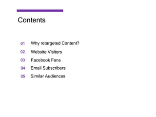 01
02
03
04
05
Why retargeted Content?
Website Visitors
Facebook Fans
Email Subscribers
Similar Audiences
Contents
 