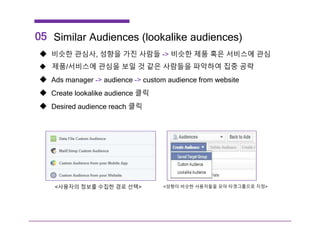 05 Similar Audiences (lookalike audiences)
 비슷한 관심사, 성향을 가진 사람들 -> 비슷한 제품 혹은 서비스에 관심
 제품/서비스에 관심을 보일 것 같은 사람들을 파악하여 집중 공략
 Ads manager -> audience -> custom audience from website
 Create lookalike audience 클릭
 Desired audience reach 클릭
<성향이 비슷한 사용자들을 모아 타겟그룹으로 지정><사용자의 정보를 수집한 경로 선택>
 