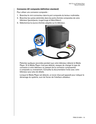 WD TV Live HD Media Player
Manuel d'utilisation
PRISE EN MAIN – 18
Connexion AV composite (définition standard)
Pour utiliser une connexion composite :
1. Branchez le mini-connecteur dans le port composite du lecteur multimédia.
2. Branchez les autres extrémités dans les ports d'entrée composites de votre
téléviseur (jaune/jaune, rouge/rouge et blanc/blanc).
3. Sélectionnez la source d'entrée adaptée sur le téléviseur.
Patientez quelques secondes pendant que votre téléviseur détecte le Media
Player. Si le Media Player n'est pas détecté, essayez de changer le type de
connexion à votre téléviseur en passant de la connexion composantes
à composite ou inversement. Consultez la documentation livrée avec votre
téléviseur pour plus de détails.
Lorsque le Media Player est détecté, un écran d'accueil apparaît pour indiquer le
démarrage du système, suivi de l'écran de l'interface utilisateur.
 