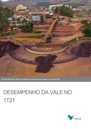 DESEMPENHO DA VALE NO
1T21
Planta de filtragem de rejeitos no complexo de Vargem Grande, entregue em março de 2021
 