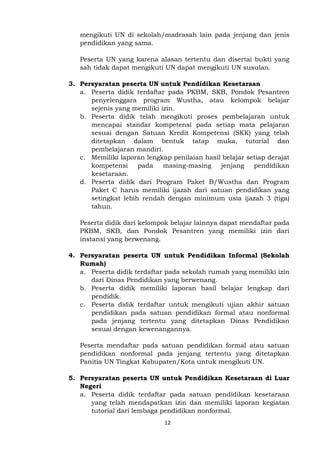 12
mengikuti UN di sekolah/madrasah lain pada jenjang dan jenis
pendidikan yang sama.
Peserta UN yang karena alasan tertentu dan disertai bukti yang
sah tidak dapat mengikuti UN dapat mengikuti UN susulan.
3. Persyaratan peserta UN untuk Pendidikan Kesetaraan
a. Peserta didik terdaftar pada PKBM, SKB, Pondok Pesantren
penyelenggara program Wustha, atau kelompok belajar
sejenis yang memiliki izin.
b. Peserta didik telah mengikuti proses pembelajaran untuk
mencapai standar kompetensi pada setiap mata pelajaran
sesuai dengan Satuan Kredit Kompetensi (SKK) yang telah
ditetapkan dalam bentuk tatap muka, tutorial dan
pembelajaran mandiri.
c. Memiliki laporan lengkap penilaian hasil belajar setiap derajat
kompetensi pada masing-masing jenjang pendidikan
kesetaraan.
d. Peserta didik dari Program Paket B/Wustha dan Program
Paket C harus memiliki ijazah dari satuan pendidikan yang
setingkat lebih rendah dengan minimum usia ijazah 3 (tiga)
tahun.
Peserta didik dari kelompok belajar lainnya dapat mendaftar pada
PKBM, SKB, dan Pondok Pesantren yang memiliki izin dari
instansi yang berwenang.
4. Persyaratan peserta UN untuk Pendidikan Informal (Sekolah
Rumah)
a. Peserta didik terdaftar pada sekolah rumah yang memiliki izin
dari Dinas Pendidikan yang berwenang.
b. Peserta didik memiliki laporan hasil belajar lengkap dari
pendidik.
c. Peserta didik terdaftar untuk mengikuti ujian akhir satuan
pendidikan pada satuan pendidikan formal atau nonformal
pada jenjang tertentu yang ditetapkan Dinas Pendidikan
sesuai dengan kewenangannya.
Peserta mendaftar pada satuan pendidikan formal atau satuan
pendidikan nonformal pada jenjang tertentu yang ditetapkan
Panitia UN Tingkat Kabupaten/Kota untuk mengikuti UN.
5. Persyaratan peserta UN untuk Pendidikan Kesetaraan di Luar
Negeri
a. Peserta didik terdaftar pada satuan pendidikan kesetaraan
yang telah mendapatkan izin dan memiliki laporan kegiatan
tutorial dari lembaga pendidikan nonformal.
 