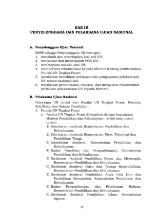 17
BAB III
PENYELENGGARA DAN PELAKSANA UJIAN NASIONAL
A. Penyelenggara Ujian Nasional
BSNP sebagai Penyelenggara UN bertugas:
1. menelaah dan menetapkan kisi-kisi UN;
2. menyusun dan menetapkan POS UN;
3. menetapkan naskah soal UN;
4. memberikan rekomendasi kepada Menteri tentang pembentukan
Panitia UN Tingkat Pusat;
5. melakukan koordinasi persiapan dan pengawasan pelaksanaan
UN secara nasional; dan
6. melakukan pemantauan, evaluasi, dan menyusun rekomendasi
perbaikan pelaksanaan UN kepada Menteri.
B. Pelaksana Ujian Nasional
Pelaksana UN terdiri dari Panitia UN Tingkat Pusat, Provinsi,
Kab/Kota, dan Satuan Pendidikan:
1. Panitia UN Tingkat Pusat
a. Panitia UN Tingkat Pusat ditetapkan dengan keputusan
Menteri Pendidikan dan Kebudayaan, terdiri atas unsur-
unsur:
1) Sekretariat Jenderal, Kementerian Pendidikan dan
Kebudayaan;
2) Sekretariat Jenderal, Kementerian Riset, Teknologi dan
Pendidikan Tinggi;
3) Inspektorat Jenderal, Kementerian Pendidikan dan
Kebudayaan;
4) Badan Penelitian dan Pengembangan, Kementerian
Pendidikan dan Kebudayaan;
5) Direktorat Jenderal Pendidikan Dasar dan Menengah,
Kementerian Pendidikan dan Kebudayaan;
6) Direktorat Jenderal Guru dan Tenaga Kependidikan,
Kementerian Pendidikan dan Kebudayaan;
7) Direktorat Jenderal Pendidikan Anak Usia Dini dan
Pendidikan Masyarakat, Kementerian Pendidikan dan
Kebudayaan;
8) Badan Pengembangan dan Pembinaan Bahasa,
Kementerian Pendidikan dan Kebudayaan;
9) Direktorat Jenderal Pendidikan Islam, Kementerian
Agama;
 