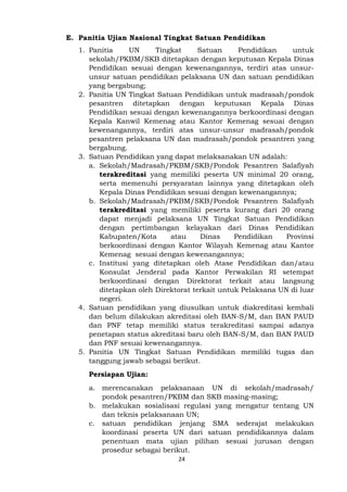 24
E. Panitia Ujian Nasional Tingkat Satuan Pendidikan
1. Panitia UN Tingkat Satuan Pendidikan untuk
sekolah/PKBM/SKB ditetapkan dengan keputusan Kepala Dinas
Pendidikan sesuai dengan kewenangannya, terdiri atas unsur-
unsur satuan pendidikan pelaksana UN dan satuan pendidikan
yang bergabung;
2. Panitia UN Tingkat Satuan Pendidikan untuk madrasah/pondok
pesantren ditetapkan dengan keputusan Kepala Dinas
Pendidikan sesuai dengan kewenangannya berkoordinasi dengan
Kepala Kanwil Kemenag atau Kantor Kemenag sesuai dengan
kewenangannya, terdiri atas unsur-unsur madrasah/pondok
pesantren pelaksana UN dan madrasah/pondok pesantren yang
bergabung.
3. Satuan Pendidikan yang dapat melaksanakan UN adalah:
a. Sekolah/Madrasah/PKBM/SKB/Pondok Pesantren Salafiyah
terakreditasi yang memiliki peserta UN minimal 20 orang,
serta memenuhi persyaratan lainnya yang ditetapkan oleh
Kepala Dinas Pendidikan sesuai dengan kewenangannya;
b. Sekolah/Madrasah/PKBM/SKB/Pondok Pesantren Salafiyah
terakreditasi yang memiliki peserta kurang dari 20 orang
dapat menjadi pelaksana UN Tingkat Satuan Pendidikan
dengan pertimbangan kelayakan dari Dinas Pendidikan
Kabupaten/Kota atau Dinas Pendidikan Provinsi
berkoordinasi dengan Kantor Wilayah Kemenag atau Kantor
Kemenag sesuai dengan kewenangannya;
c. Institusi yang ditetapkan oleh Atase Pendidikan dan/atau
Konsulat Jenderal pada Kantor Perwakilan RI setempat
berkoordinasi dengan Direktorat terkait atau langsung
ditetapkan oleh Direktorat terkait untuk Pelaksana UN di luar
negeri.
4. Satuan pendidikan yang diusulkan untuk diakreditasi kembali
dan belum dilakukan akreditasi oleh BAN-S/M, dan BAN PAUD
dan PNF tetap memiliki status terakreditasi sampai adanya
penetapan status akreditasi baru oleh BAN-S/M, dan BAN PAUD
dan PNF sesuai kewenangannya.
5. Panitia UN Tingkat Satuan Pendidikan memiliki tugas dan
tanggung jawab sebagai berikut.
Persiapan Ujian:
a. merencanakan pelaksanaan UN di sekolah/madrasah/
pondok pesantren/PKBM dan SKB masing-masing;
b. melakukan sosialisasi regulasi yang mengatur tentang UN
dan teknis pelaksanaan UN;
c. satuan pendidikan jenjang SMA sederajat melakukan
koordinasi peserta UN dari satuan pendidikannya dalam
penentuan mata ujian pilihan sesuai jurusan dengan
prosedur sebagai berikut.
 