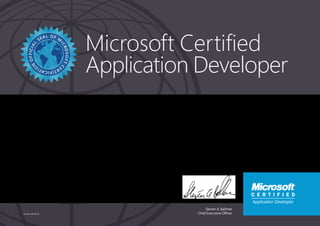 Steven A. Ballmer
Chief Executive Officer
Microsoft Certified
Application Developer
Part No. X18-83718
SIVAKUMAR RATHINAVELU
Has successfully completed the requirements to be recognized as a Microsoft Certified Application
Developer: Microsoft .NET.
Date of achievement: 11/25/2006
Certification number: C763-7040
 