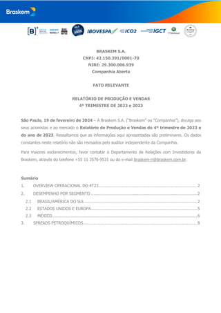 BRASKEM S.A.
CNPJ: 42.150.391/0001-70
NIRE: 29.300.006.939
Companhia Aberta
FATO RELEVANTE
RELATÓRIO DE PRODUÇÃO E VENDAS
...