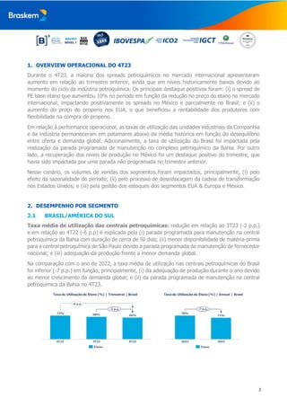 2
1. OVERVIEW OPERACIONAL DO 4T23
Durante o 4T23, a maioria dos spreads petroquímicos no mercado internacional apresentara...