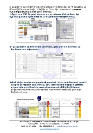 MAKROSİSTEM DANIŞMANLIK EĞİTiM DEN.MÜH. SOS. HİZ.SAN. ve TİC. LTD. ŞTİ.
Kazimiye Mah., Dumlupınar Cd. 4/12 ÇORLU – TEKİRDAĞ
Tel: 0 282 673 14 75 Faks: 0 282 673 14 76 osgb@makrosistem.com.tr
www.makrosistem.com.tr
İş Sağlığı ve Güvenliğinin temelini oluşturan ve İlgili 6331 sayılı İş Sağlığı ve
Güvenliği Kanununa bağlı İş Sağlığı ve Güvenliği mevzuatının işverene
yüklediği sorumluluklar genel anlamda:
1-İşyerinde İSG Organizasyonunun kurulması, Çalışanların işe
uygunluğunun sağlanması ve iş disiplininin yerleştirilmesi,
2- Çalışanların Eğitimlerinin verilmesi, görüşlerinin alınması ve
katılımlarının sağlanması,
3-Risk değerlendirmesi yapılarak mesleki risklerin önlenmesi, gerekli
araç ve gereçlerin sağlanması, İSG tedbirlerinin değişen şartlara
uygun hale getirilerek mevcut durumun sürekli iyileştirilmesi,
Bilgisayar ortamında makro yazılımla Fine-Kinney Metoduna göre Risk
Değerlendirmesi.
 