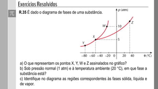 R.35 É dado o diagrama de fases de uma substância.
a) O que representam os pontos X, Y, W e Z assinalados no gráfico?
b) Sob pressão normal (1 atm) e à temperatura ambiente (20 °C), em que fase a
substância está?
c) Identifique no diagrama as regiões correspondentes às fases sólida, líquida e
de vapor.
 