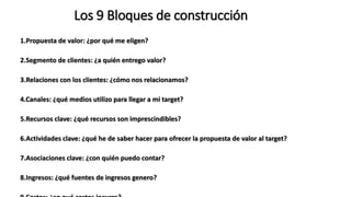 Los 9 Bloques de construcción
1.Propuesta de valor: ¿por qué me eligen?
2.Segmento de clientes: ¿a quién entrego valor?
3.Relaciones con los clientes: ¿cómo nos relacionamos?
4.Canales: ¿qué medios utilizo para llegar a mi target?
5.Recursos clave: ¿qué recursos son imprescindibles?
6.Actividades clave: ¿qué he de saber hacer para ofrecer la propuesta de valor al target?
7.Asociaciones clave: ¿con quién puedo contar?
8.Ingresos: ¿qué fuentes de ingresos genero?
 