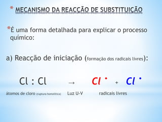 *
*É uma forma detalhada para explicar o processo
químico:
a) Reacção de iniciação (formação dos radicais livres):
Cl : Cl → Cl
. + Cl
.
átomos de cloro (ruptura homolítica) Luz U-V radicais livres
 