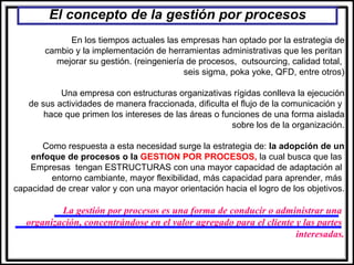 El concepto de la gestión por procesos
              En los tiempos actuales las empresas han optado por la estrategia de
        cambio y la implementación de herramientas administrativas que les peritan
          mejorar su gestión. (reingeniería de procesos, outsourcing, calidad total,
                                           seis sigma, poka yoke, QFD, entre otros)

           Una empresa con estructuras organizativas rígidas conlleva la ejecución
   de sus actividades de manera fraccionada, dificulta el flujo de la comunicación y
       hace que primen los intereses de las áreas o funciones de una forma aislada
                                                       sobre los de la organización.

       Como respuesta a esta necesidad surge la estrategia de: la adopción de un
    enfoque de procesos o la GESTION POR PROCESOS, la cual busca que las
    Empresas tengan ESTRUCTURAS con una mayor capacidad de adaptación al
         entorno cambiante, mayor flexibilidad, más capacidad para aprender, más
capacidad de crear valor y con una mayor orientación hacia el logro de los objetivos.

           La gestión por procesos es una forma de conducir o administrar una
   organización, concentrándose en el valor agregado para el cliente y las partes
                                                                     interesadas.
 