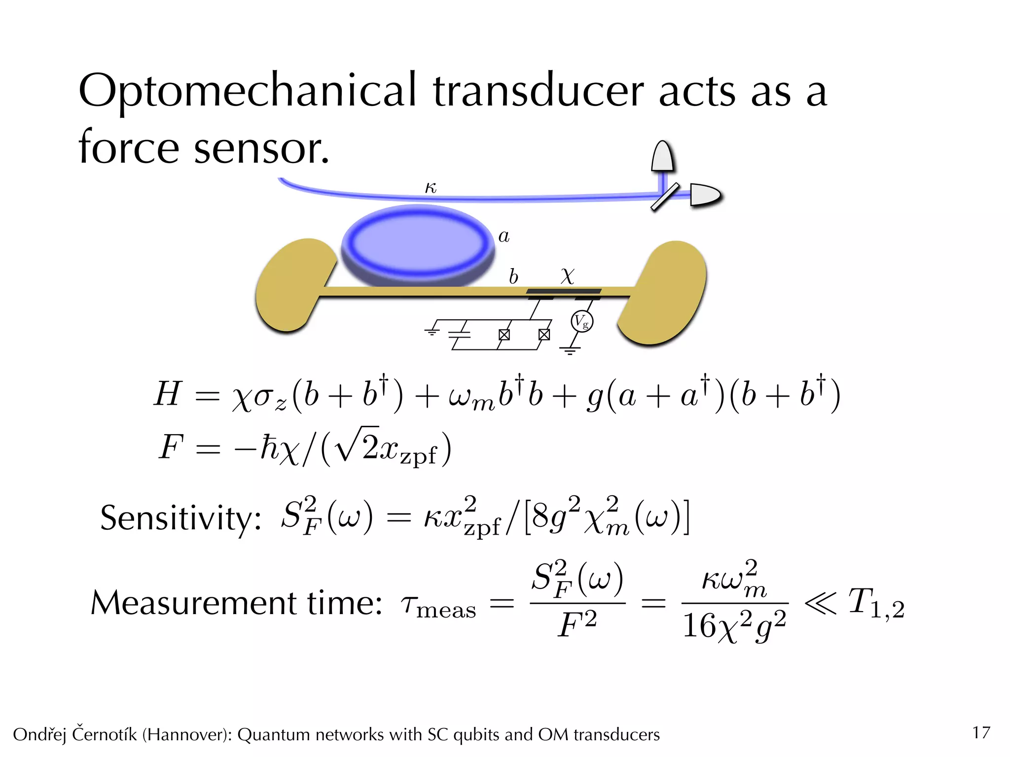 Ondrej Cernotík (Hannover): Quantum networks with SC qubits and OM transducersˇˇ
Optomechanical transducer acts as a
force sensor.
17
F = ~ /(
p
2xzpf )
S2
F (!) = x2
zpf /[8g2 2
m(!)]Sensitivity:
⌧meas =
S2
F (!)
F2
=
!2
m
16 2g2
⌧ T1,2Measurement time:
H = z(b + b†
) + !mb†
b + g(a + a†
)(b + b†
)
 