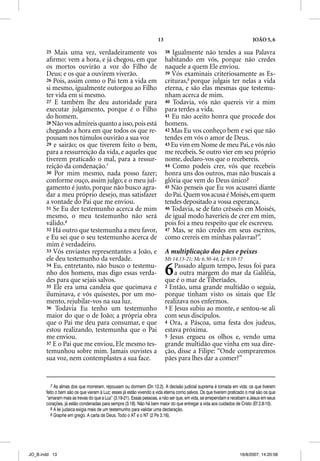 13                                                   JOÃO 5, 6

       25 Mais uma vez, verdadeiramente vos                               38 Igualmente não tendes a sua Palavra
       aﬁrmo: vem a hora, e já chegou, em que                             habitando em vós, porque não credes
       os mortos ouvirão a voz do Filho de                                naquele a quem Ele enviou.
       Deus; e os que a ouvirem viverão.                                  39 Vós examinais criteriosamente as Es-
       26 Pois, assim como o Pai tem a vida em                            crituras,9 porque julgais ter nelas a vida
       si mesmo, igualmente outorgou ao Filho                             eterna, e são elas mesmas que testemu-
       ter vida em si mesmo.                                              nham acerca de mim.
       27 E também lhe deu autoridade para                                40 Todavia, vós não quereis vir a mim
       executar julgamento, porque é o Filho                              para terdes a vida.
       do homem.                                                          41 Eu não aceito honra que procede dos
       28 Não vos admireis quanto a isso, pois está                       homens.
       chegando a hora em que todos os que re-                            42 Mas Eu vos conheço bem e sei que não
       pousam nos túmulos ouvirão a sua voz                               tendes em vós o amor de Deus.
       29 e sairão; os que tiverem feito o bem,                           43 Eu vim em Nome de meu Pai, e vós não
       para a ressurreição da vida, e aqueles que                         me recebeis. Se outro vier em seu próprio
       tiverem praticado o mal, para a ressur-                            nome, declaro-vos que o recebereis.
       reição da condenação.7                                             44 Como podeis crer, vós que recebeis
       30 Por mim mesmo, nada posso fazer;                                honra uns dos outros, mas não buscais a
       conforme ouço, assim julgo; e o meu jul-                           glória que vem do Deus único?
       gamento é justo, porque não busco agra-                            45 Não penseis que Eu vos acusarei diante
       dar a meu próprio desejo, mas satisfazer                           do Pai. Quem vos acusa é Moisés, em quem
       a vontade do Pai que me enviou.                                    tendes depositado a vossa esperança.
       31 Se Eu der testemunho acerca de mim                              46 Todavia, se de fato crêsseis em Moisés,
       mesmo, o meu testemunho não será                                   de igual modo haveríeis de crer em mim,
       válido.8                                                           pois foi a meu respeito que ele escreveu.
       32 Há outro que testemunha a meu favor,                            47 Mas, se não credes em seus escritos,
       e Eu sei que o seu testemunho acerca de                            como crereis em minhas palavras?”.
       mim é verdadeiro.
       33 Vós enviastes representantes a João, e                          A multiplicação dos pães e peixes
       ele deu testemunho da verdade.                                     Mt 14.13-21; Mc 6.30-44; Lc 9.10-17
       34 Eu, entretanto, não busco o testemu-
       nho dos homens, mas digo essas verda-
       des para que sejais salvos.
                                                                          6   Passado algum tempo, Jesus foi para
                                                                              a outra margem do mar da Galiléia,
                                                                          que é o mar de Tiberíades.
       35 Ele era uma candeia que queimava e                              2 Então, uma grande multidão o seguia,
       iluminava, e vós quisestes, por um mo-                             porque tinham visto os sinais que Ele
       mento, rejubilar-vos na sua luz.                                   realizava nos enfermos.
       36 Todavia Eu tenho um testemunho                                  3 E Jesus subiu ao monte, e sentou-se ali
       maior do que o de João; a própria obra                             com seus discípulos.
       que o Pai me deu para consumar, e que                              4 Ora, a Páscoa, uma festa dos judeus,
       estou realizando, testemunha que o Pai                             estava próxima.
       me enviou.                                                         5 Jesus ergueu os olhos e, vendo uma
       37 E o Pai que me enviou, Ele mesmo tes-                           grande multidão que vinha em sua dire-
       temunhou sobre mim. Jamais ouvistes a                              ção, disse a Filipe: “Onde compraremos
       sua voz, nem contemplastes a sua face.                             pães para lhes dar a comer?”


          7 As almas dos que morreram, repousam ou dormem (Dn 12.2). A decisão judicial suprema é tomada em vida: os que tiverem
       feito o bem são os que vieram à Luz; esses já estão vivendo a vida eterna como salvos. Os que tiverem praticado o mal são os que
       “amaram mais as trevas do que a Luz” (3.19-21). Essas pessoas, a não ser que, em vida, se arrependam e recebam a Jesus em seus
       corações, já estão condenadas para sempre (3.18). Não há bem maior do que entregar a vida aos cuidados de Cristo (Ef 2.8-10).
          8 A lei judaica exigia mais de um testemunho para validar uma declaração.
          9 Graphe em grego. A carta de Deus. Todo o AT e o NT (2 Pe 3.16).




JO_B.indd 13                                                                                                       16/8/2007, 14:20:58
 