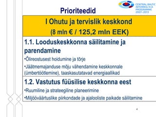 Prioriteedid I Ohutu ja tervislik keskkond  (8 mln  €  / 125,2 mln EEK) 1.1. Looduskeskkonna säilitamine ja parendamine Õlireostusest hoidumine ja tõrje Jäätmemajanduse mõju vähendamine keskkonnale (ümbertöötlemine), taaskasutatavad energiaallikad 1.2. Vastutus füüsilise keskkonna eest Ruumiline ja strateegiline planeerimine  Miljööväärtuslike piirkondade ja ajalooliste paikade säilitamine 
