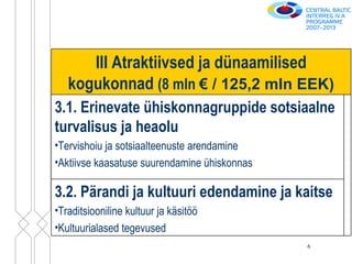 3.2. Pärandi ja kultuuri edendamine ja kaitse Traditsiooniline kultuur ja käsitöö  Kultuurialased tegevused 3.1. Erinevate ühiskonnagruppide sotsiaalne turvalisus ja heaolu  Tervishoiu ja sotsiaalteenuste arendamine  Aktiivse kaasatuse suurendamine ühiskonnas III Atraktiivsed ja dünaamilised kogukonnad  (8 mln  €  / 125,2 mln EEK) 