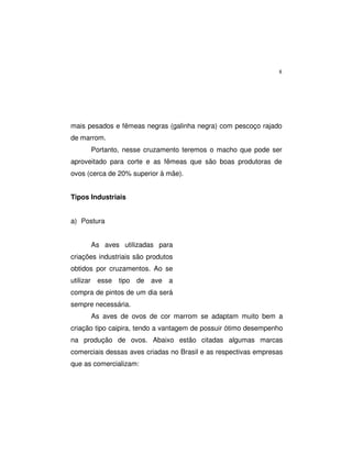 8
mais pesados e fêmeas negras (galinha negra) com pescoço rajado
de marrom.
Portanto, nesse cruzamento teremos o macho que pode ser
aproveitado para corte e as fêmeas que são boas produtoras de
ovos (cerca de 20% superior à mãe).
Tipos Industriais
a) Postura
As aves utilizadas para
criações industriais são produtos
obtidos por cruzamentos. Ao se
utilizar esse tipo de ave a
compra de pintos de um dia será
sempre necessária.
As aves de ovos de cor marrom se adaptam muito bem a
criação tipo caipira, tendo a vantagem de possuir ótimo desempenho
na produção de ovos. Abaixo estão citadas algumas marcas
comerciais dessas aves criadas no Brasil e as respectivas empresas
que as comercializam:
 