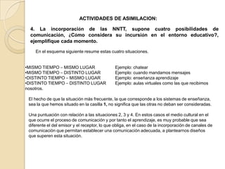 ACTIVIDADES DE ASIMILACION:4. La incorporación de las NNTT, supone cuatro posibilidades de comunicación, ¿Cómo considera su incursión en el entorno educativo?, ejemplifique cada momento.En el esquema siguiente resume estas cuatro situaciones.MISMO TIEMPO – MISMO LUGAR Ejemplo: chatear