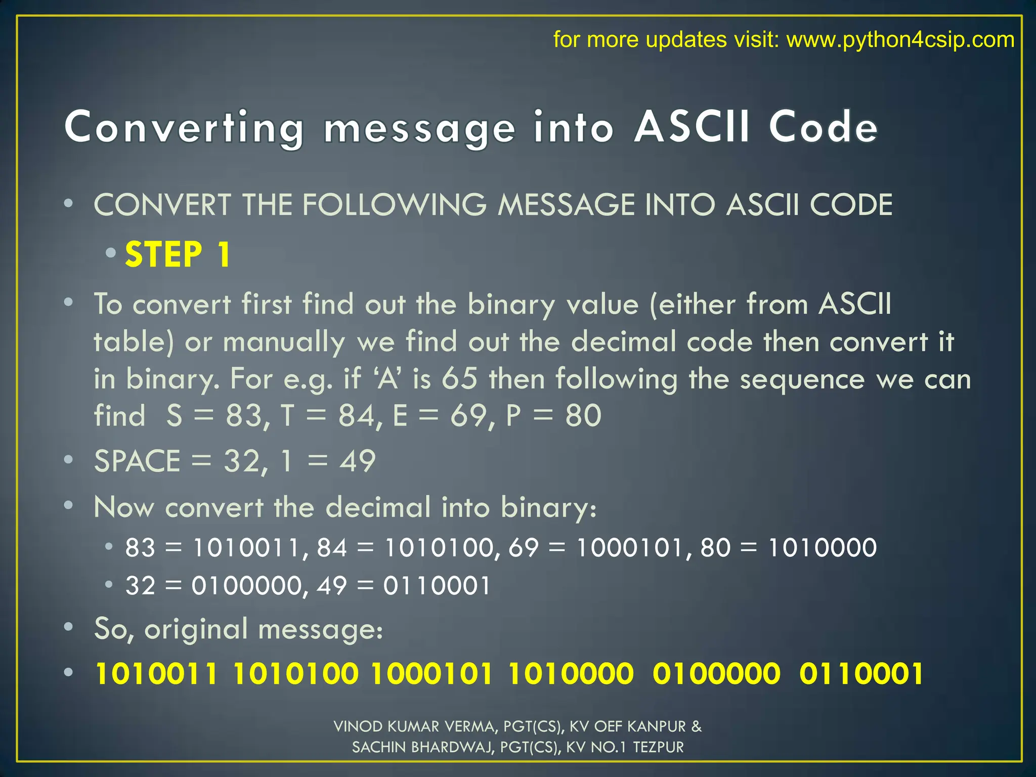 • CONVERT THE FOLLOWING MESSAGE INTO ASCII CODE
• STEP 1
• To convert first find out the binary value (either from ASCII
table) or manually we find out the decimal code then convert it
in binary. For e.g. if ‘A’ is 65 then following the sequence we can
find S = 83, T = 84, E = 69, P = 80
• SPACE = 32, 1 = 49
• Now convert the decimal into binary:
• 83 = 1010011, 84 = 1010100, 69 = 1000101, 80 = 1010000
• 32 = 0100000, 49 = 0110001
• So, original message:
• 1010011 1010100 1000101 1010000 0100000 0110001
VINOD KUMAR VERMA, PGT(CS), KV OEF KANPUR &
SACHIN BHARDWAJ, PGT(CS), KV NO.1 TEZPUR
for more updates visit: www.python4csip.com
 