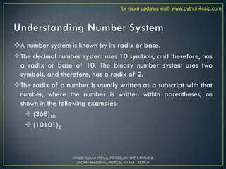A number system is known by its radix or base.
The decimal number system uses 10 symbols, and therefore, has
a radix or base of 10. The binary number system uses two
symbols, and therefore, has a radix of 2.
The radix of a number is usually written as a subscript with that
number, where the number is written within parentheses, as
shown in the following examples:
 (368)10
 (10101)2
VINOD KUMAR VERMA, PGT(CS), KV OEF KANPUR &
SACHIN BHARDWAJ, PGT(CS), KV NO.1 TEZPUR
for more updates visit: www.python4csip.com
 