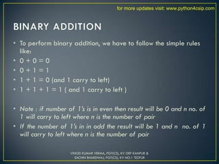 • To perform binary addition, we have to follow the simple rules
like:
• 0 + 0 = 0
• 0 + 1 = 1
• 1 + 1 = 0 (and 1 carry to left)
• 1 + 1 + 1 = 1 ( and 1 carry to left )
• Note : if number of 1’s is in even then result will be 0 and n no. of
1 will carry to left where n is the number of pair
• If the number of 1’s in in odd the result will be 1 and n no. of 1
will carry to left where n is the number of pair
VINOD KUMAR VERMA, PGT(CS), KV OEF KANPUR &
SACHIN BHARDWAJ, PGT(CS), KV NO.1 TEZPUR
for more updates visit: www.python4csip.com
 