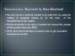 Y
ou can convert a decimal number to its octal form by using the
method of successive division by 16, the radix of the
hexadecimalnumber system.
Putthe remainder to the right of quotient and repeat this process
till the quotient becomes ZERO.
Write down theremaindersin reverse order to get equivalent
hexadecimal number.
 