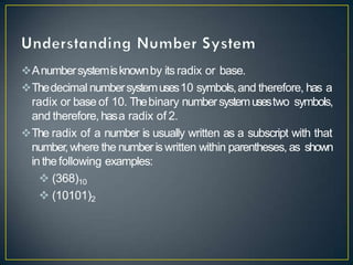 Anumbersystemisknownby itsradix or base.
Thedecimal numbersystemuses10 symbols,and therefore, has a
radix or base of 10. Thebinary numbersystemusestwo symbols,
and therefore, hasa radix of 2.
The radix of a number is usually written as a subscript with that
number, where the numberis written within parentheses, as shown
in thefollowing examples:
 (368)10
 (10101)2
 