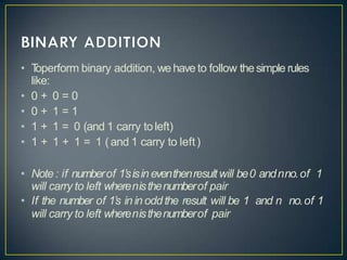 • T
operform binary addition, we have to follow thesimple rules
like:
• 0 + 0 = 0
• 0 + 1 = 1
• 1 + 1 = 0 (and 1 carry toleft)
• 1 + 1 + 1 = 1 (and 1 carry to left)
• Note : if numberof 1’sisin eventhenresultwill be0 andnno.of 1
will carry to left wherenisthenumberof pair
• If the number of 1’s in in odd the result will be 1 and n no.of 1
will carry to left wherenisthenumberof pair
 